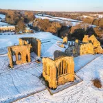 Egglestone Abbey and Abbey Farm from above in winter conditions near Barnard Castle