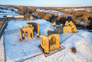 Egglestone Abbey and Abbey Farm from above in winter conditions near Barnard Castle