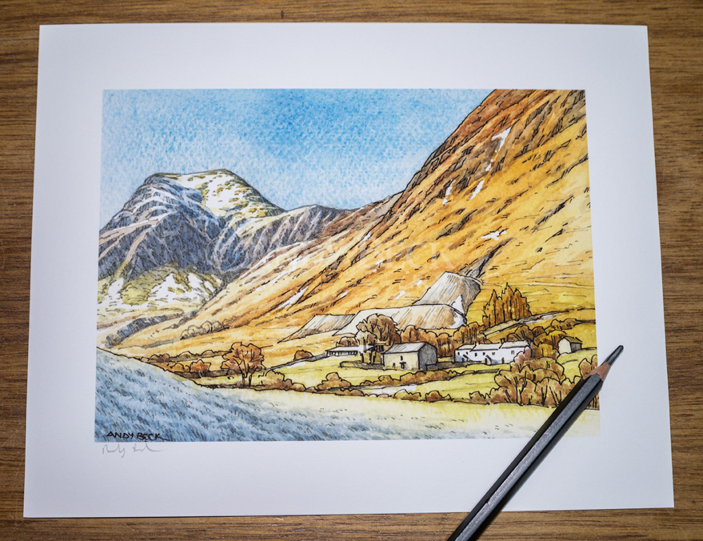 Hindscarth, Wainwright fell Hindscarth and Low Snab farm, signed print Andy Beck painting the wainwrights series