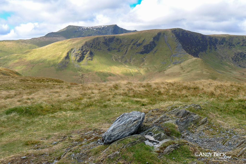 Souther Fell summit with Bannerdale Crags and Blencathra, Wainwright Souther fell summit