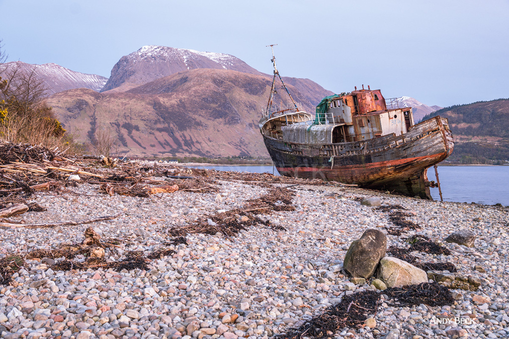 Corpach ship wreck with Ben Nevis, near Caol village, Loch Linnhe, 