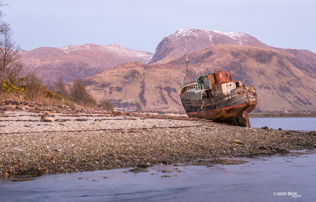Corpach ship wreck with Ben Nevis, near Caol village, The Old Boat of Caol, MV Dayspring