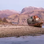 Corpach ship wreck with Ben Nevis, near Caol village, Colour photograph