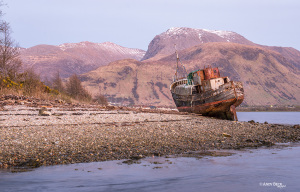 Corpach ship wreck with Ben Nevis, near Caol village, Colour photograph