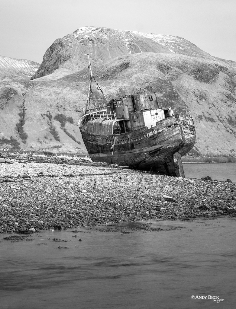 Corpach ship wreck with Ben Nevis, Black and white photograph