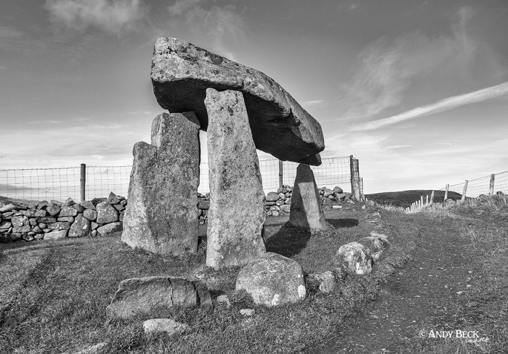 Legananny dolmen black and white photograph, Legananny, County Down, Northern Ireland.