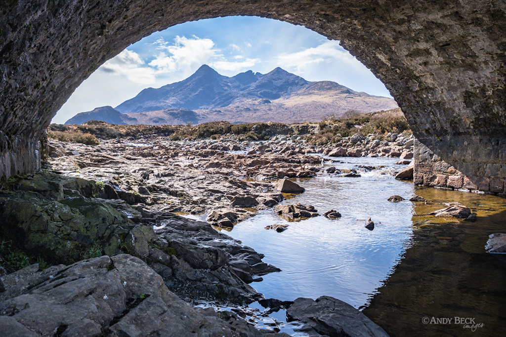 The Cuillins from Old Sligachan Bridge, Sgurr nan Gillian, Sligachan, Isle of Skye, Scotland.