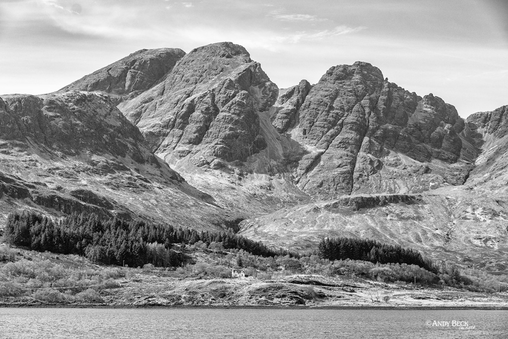 Black and white photograph of Bla Bheinn (Blaven) from Torrin with Loch Slapin, Isle of Skye