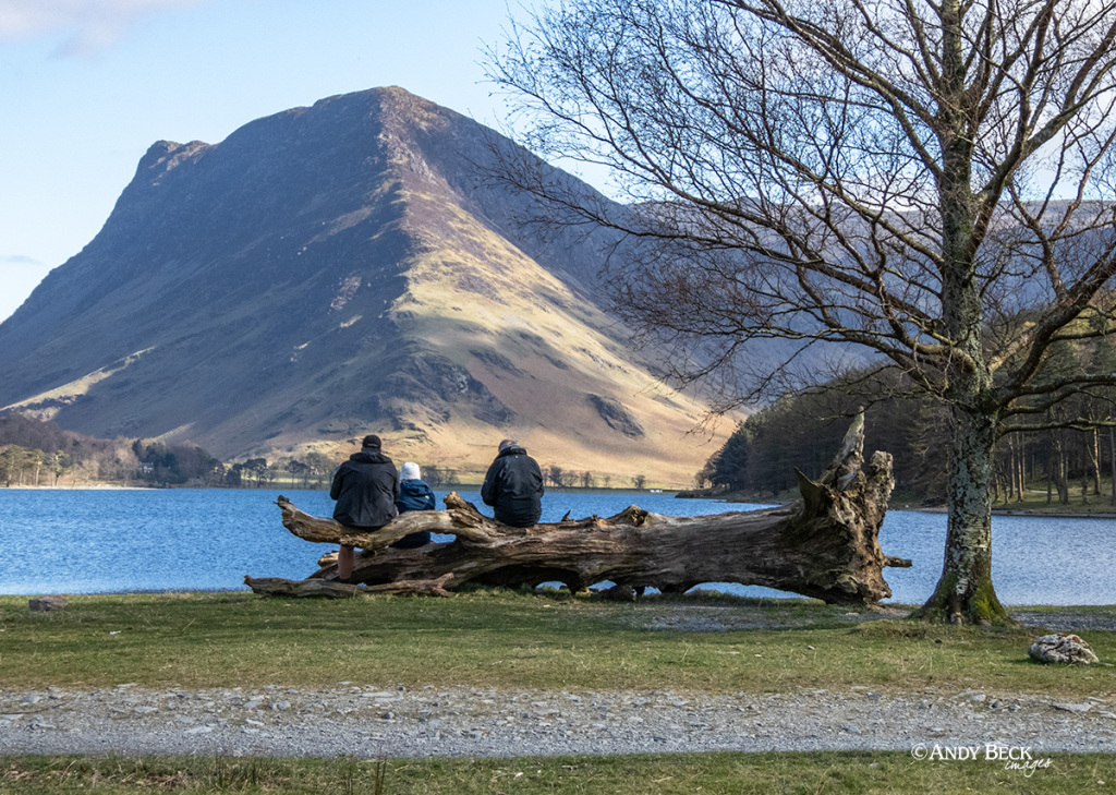 The shore of Buttermere Lake with Fleetwith Pike in the distance