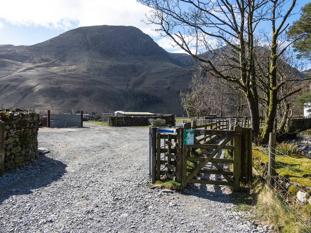 Gatesgarth farm footpath near Buttermere with the High Stile ridge beyond