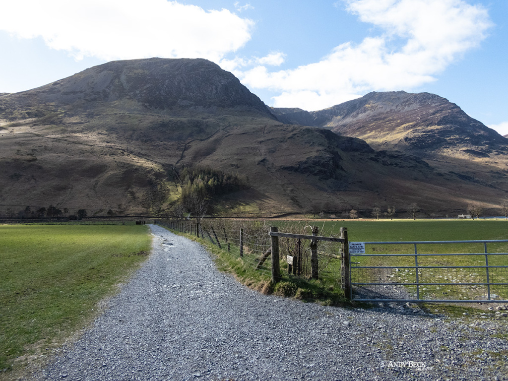 Gatesgarth farm footpath with the High Stile ridge beyond near Buttermere