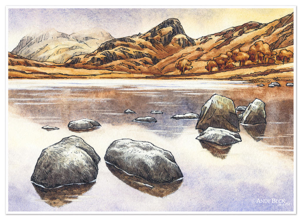 Side Pike and Blea Tarn pen and watercolour sketch by Andy Beck