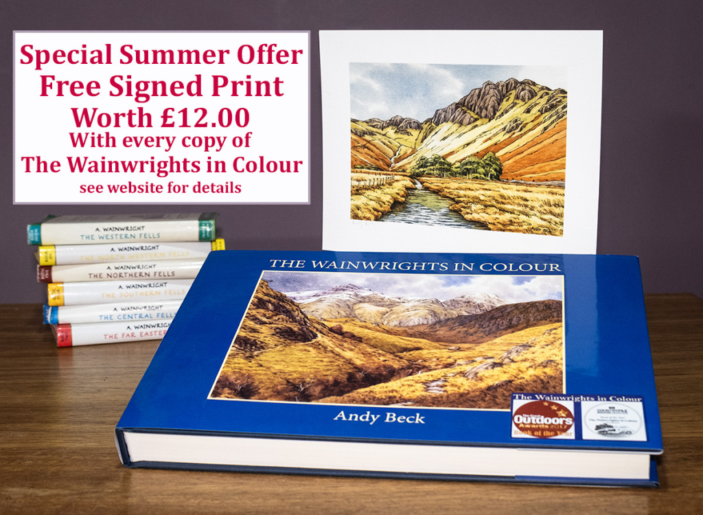Wainwrights in Colour Book, summer offer with free lakeland fell signed print.