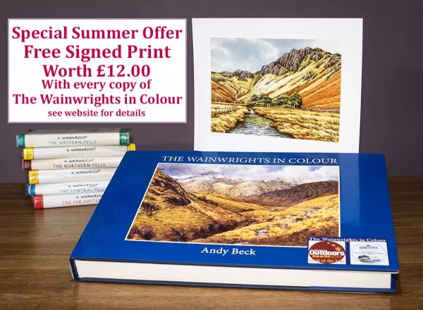 Wainwrights in Colour Book, summer offer with free lakeland fell signed print.