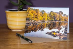 Barnard Castle Reflections. The still river Tees and Barnard Castle. Barnard Castle greeting card