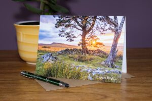Goldsborough from Loups's Hill at sunset. Teesdale greeting card, Baldersdale.