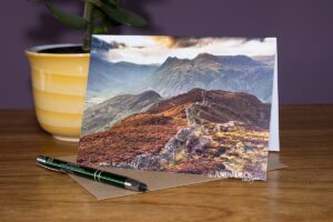 Langdale heather, afternoon light on Lingmoor Fell with the Langdale Pikes. Lake district greeting card
