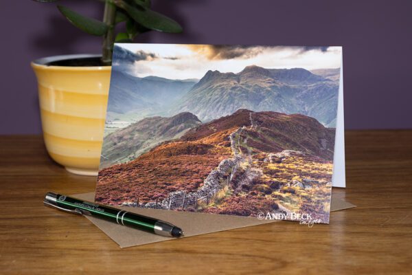 Langdale heather, afternoon light on Lingmoor Fell with the Langdale Pikes. Lake district greeting card
