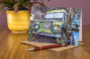 Reclaimed by Nature greeting card featuring an abandoned series 3 land rover