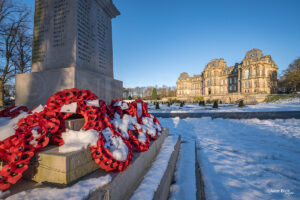 Bowes Museum Memorial. The Barnard Castle war memorial in the grounds of the museum in winter sunshine