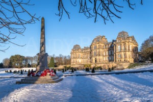 Bowes Museum War Memorial. A winter scene of the Bowes Museum, Barnard Castle Co. Durham