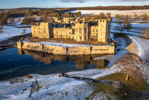 Raby Castle near Staindrop, Teesdale, Co. Durham from the air in the winter afternoon light