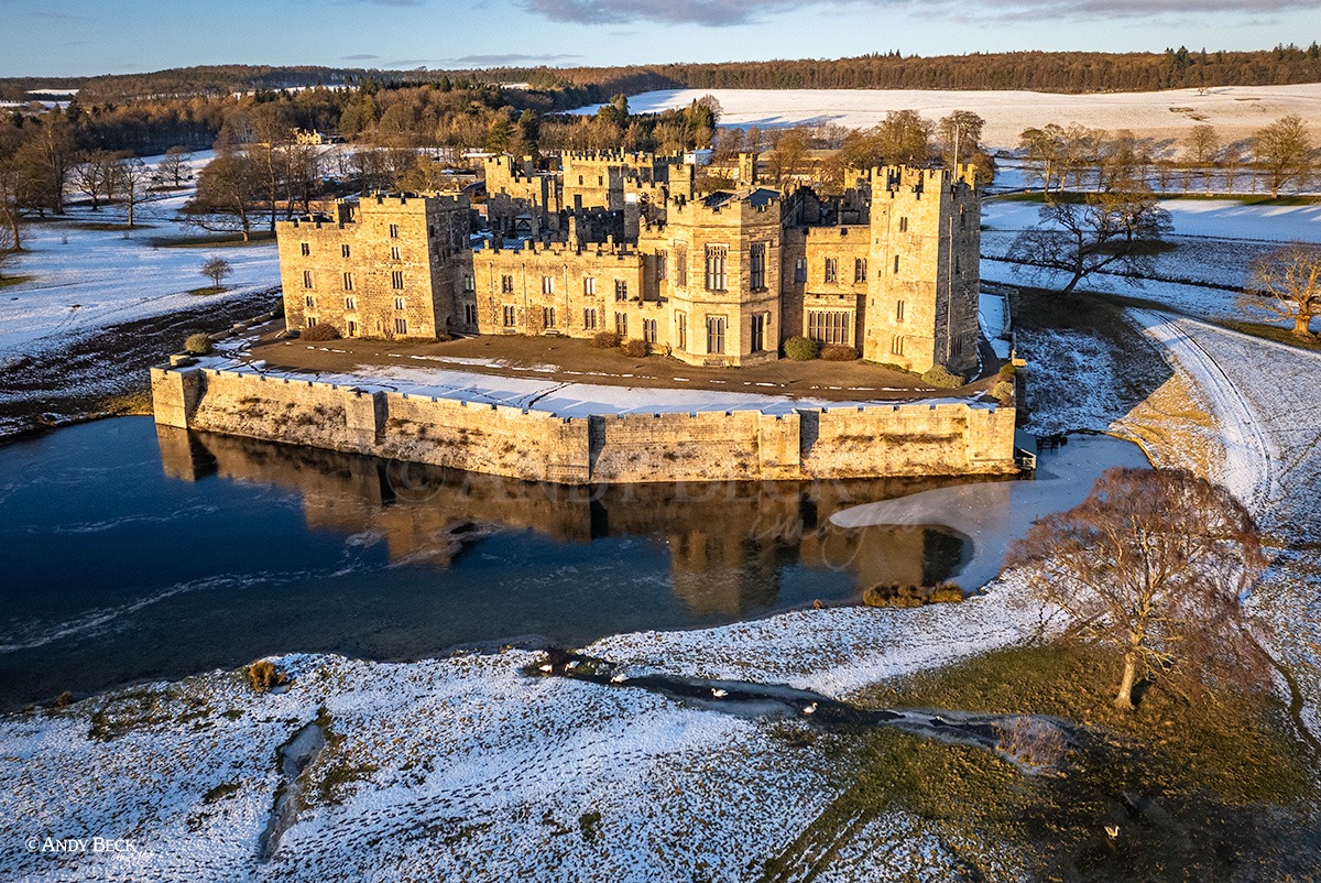 Raby Castle near Staindrop, Teesdale, Co. Durham from the air in the winter afternoon light